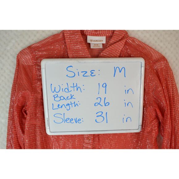Ariat Women's Medium Red Gold Plaid Sheer Snap Button Down Long Sleeve Shirt - Picture 14 of 14